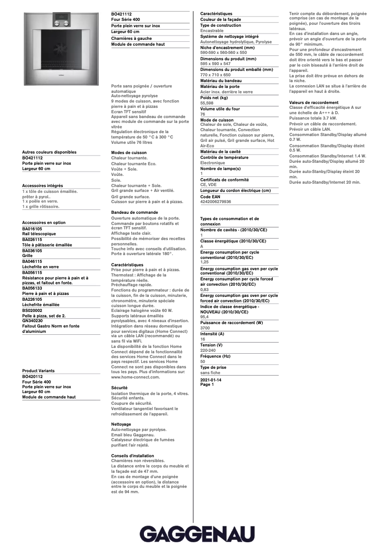 Page 1 de la notice Fiche technique Gaggenau BO421112