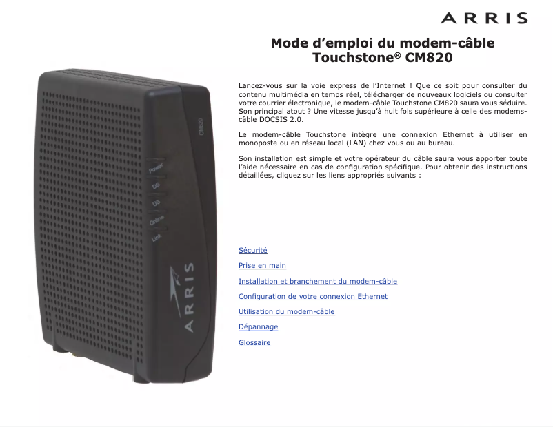 Page 1 de la notice Manuel utilisateur Arris Touchstone CM820