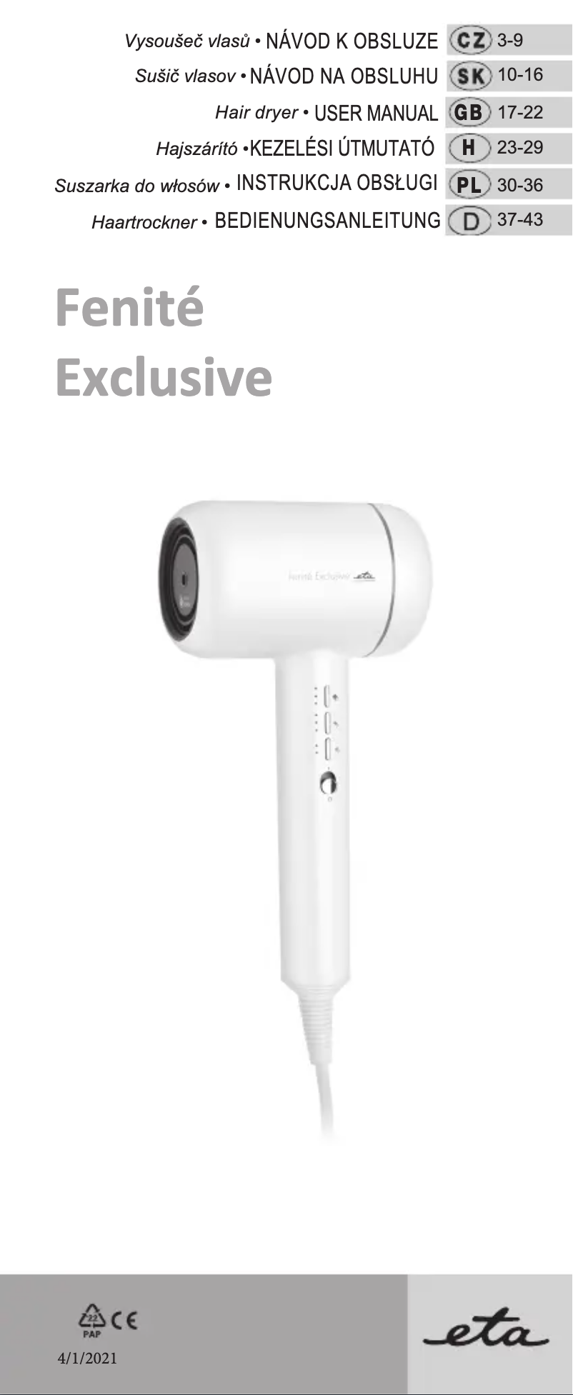 Page 1 de la notice Manuel utilisateur Eta Fenité Exclusive