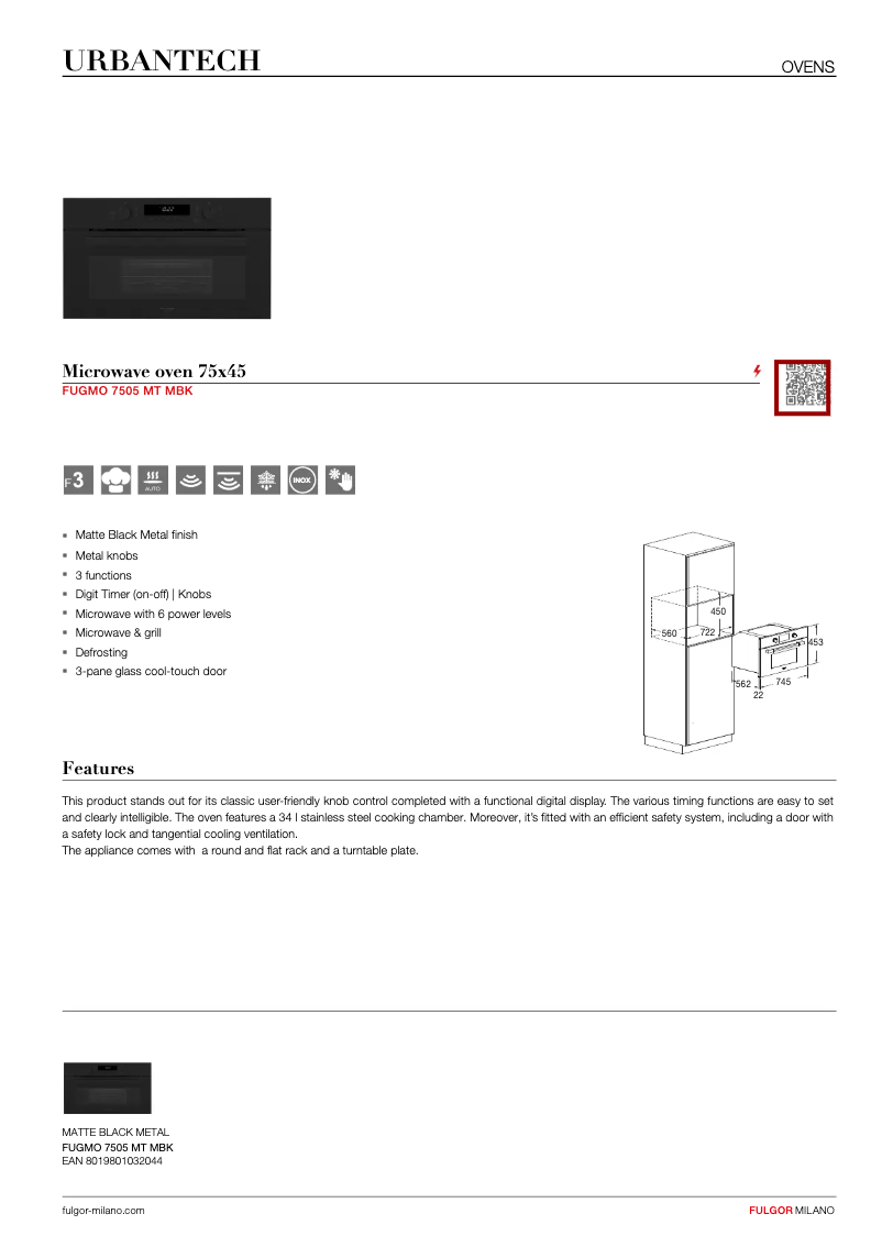 Page 1 of the manual Technical Sheet Fulgor Milano FUGMO 7505 MT MBK
