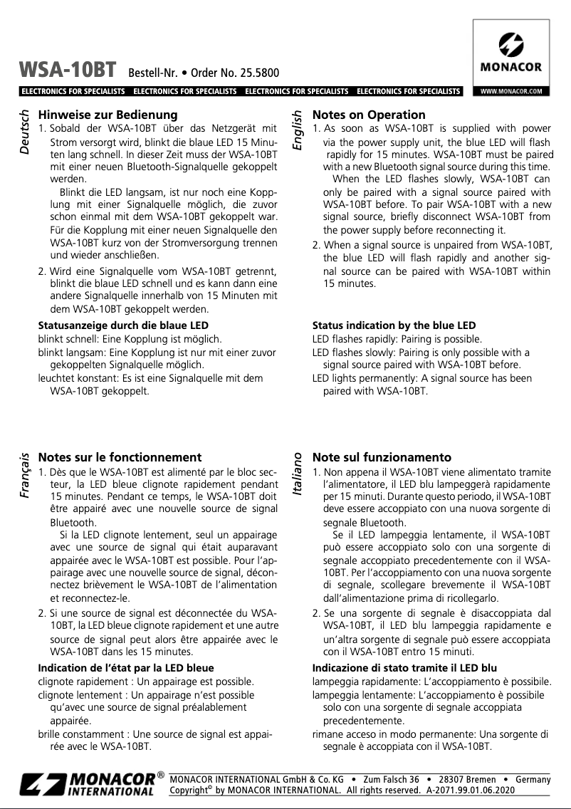 Page n°1 - Manuel utilisateur Monacor WSA-10BT