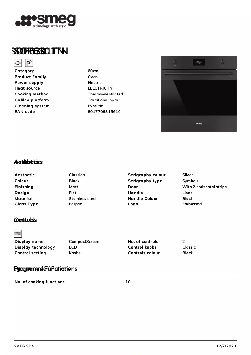 Page n°1 - Fiche technique Smeg SOP6301TN
