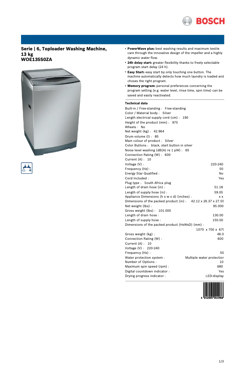 Page 1 de la notice Fiche technique Bosch WOE135S0ZA
