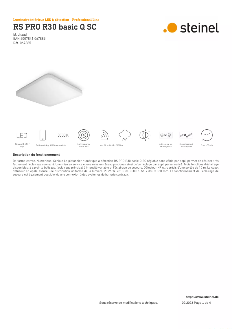 Page 1 de la notice Fiche technique Steinel RS PRO R30 Basic Q SC