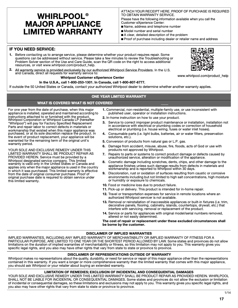 Page 1 de la notice Mode d'emploi Whirlpool WRT106TFD