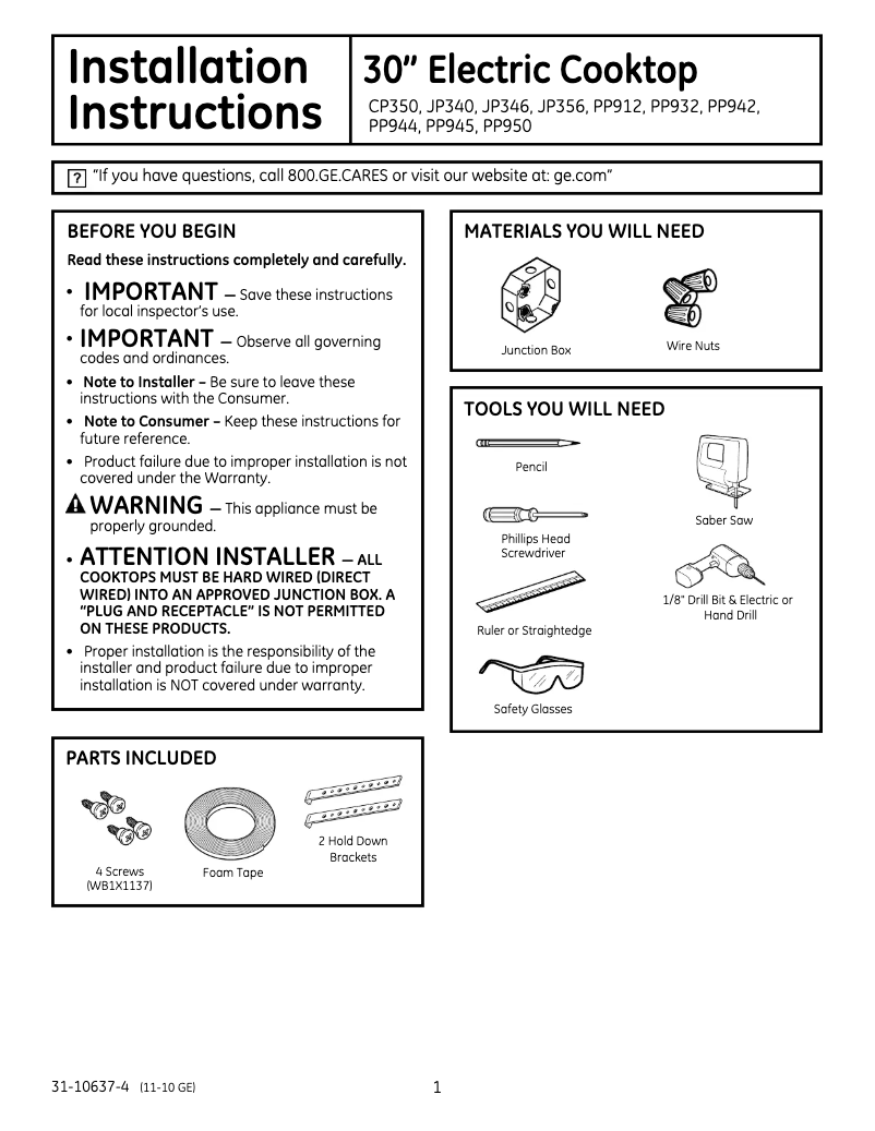 Page 1 de la notice Guide d'installation GE JP346BMBB