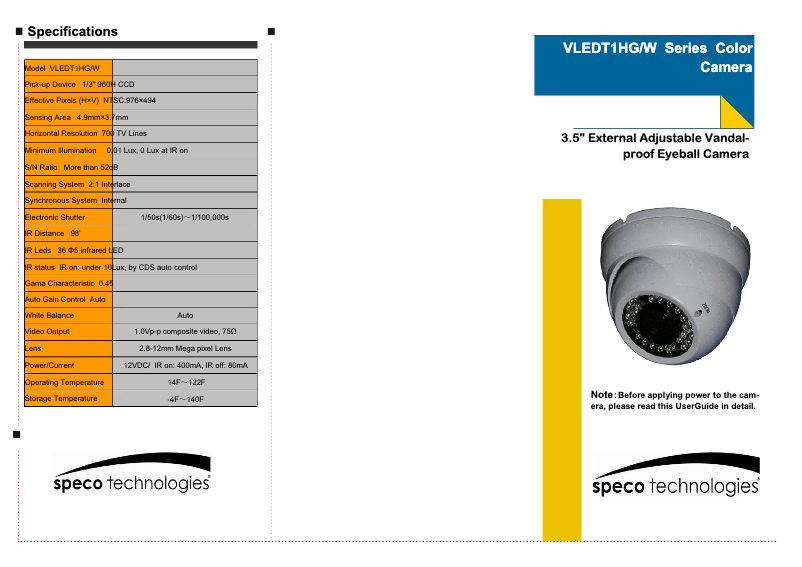 Page 1 de la notice Manuel utilisateur Speco Technologies VLEDT1HW