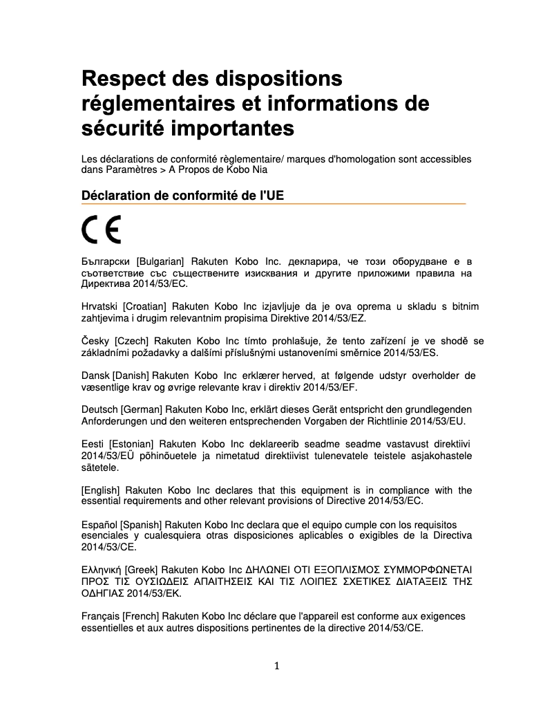 Page 1 de la notice Instructions de sécurité Kobo Nia