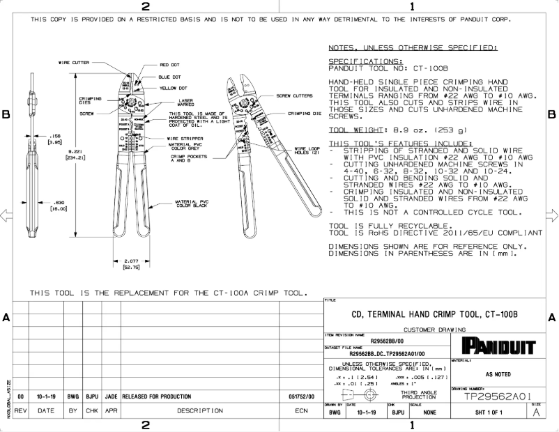 Página 1 del manual Dibujo técnico Panduit CT-100B
