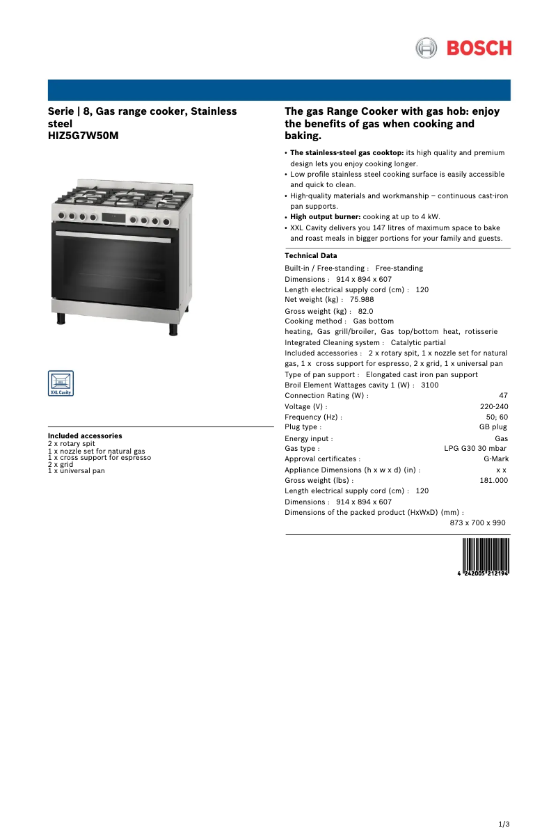 Page 1 de la notice Fiche technique Bosch HIZ5G7W50M