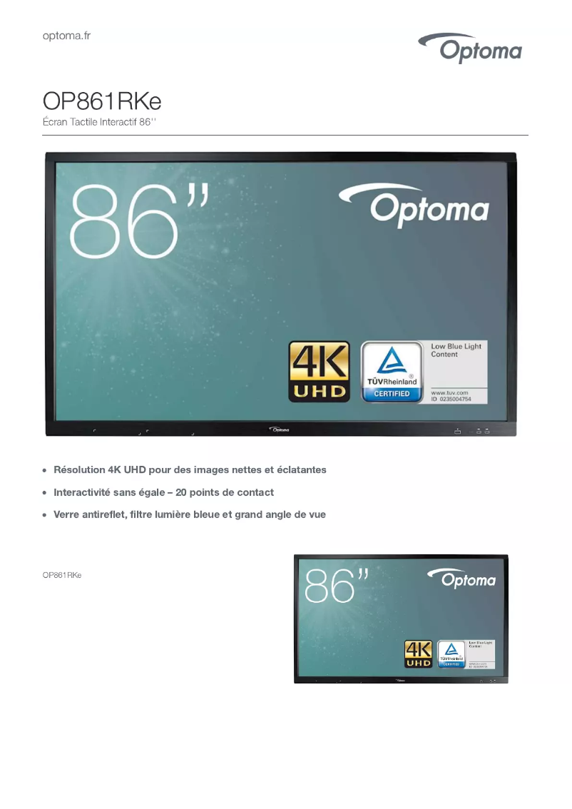 Page n°1 - Fiche technique Optoma OP861RKe