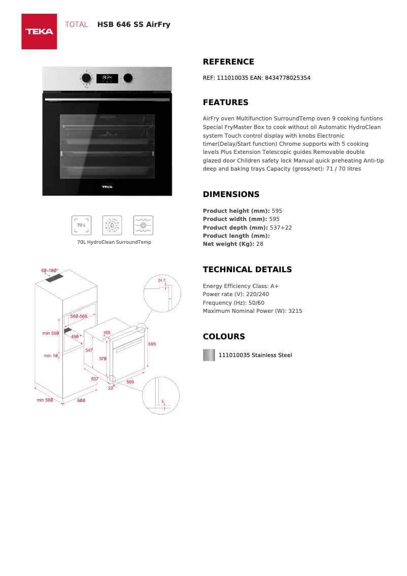 Page 1 de la notice Fiche technique Teka HSB 646 SS AIRFRY