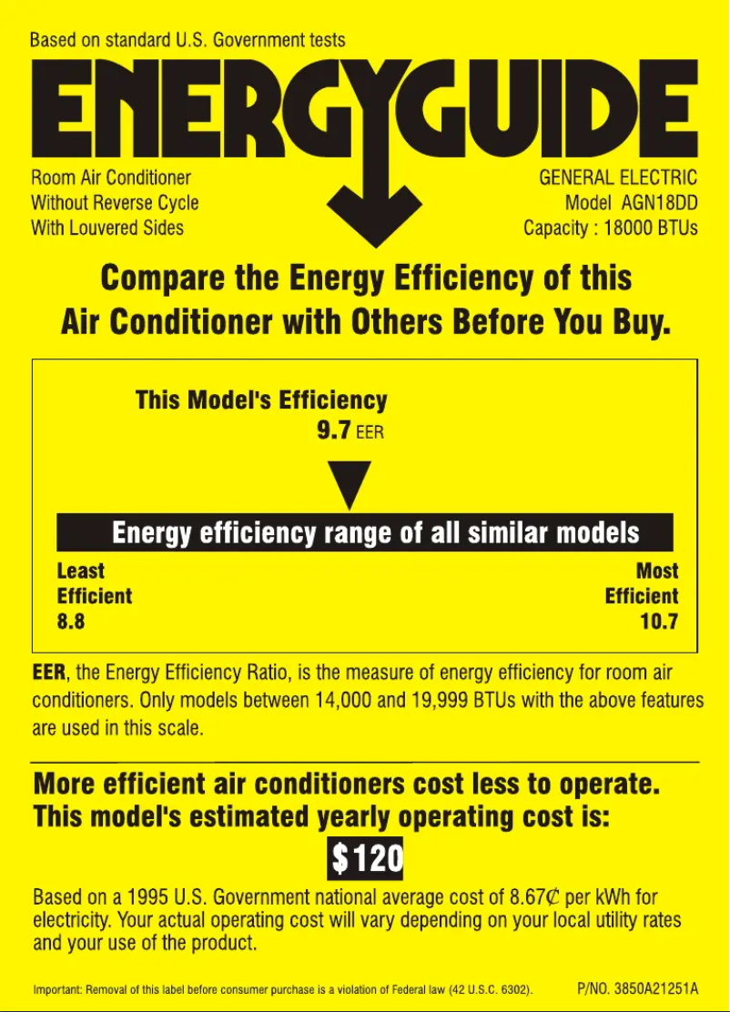 Page 1 de la notice Label énergétique GE AGN18DD