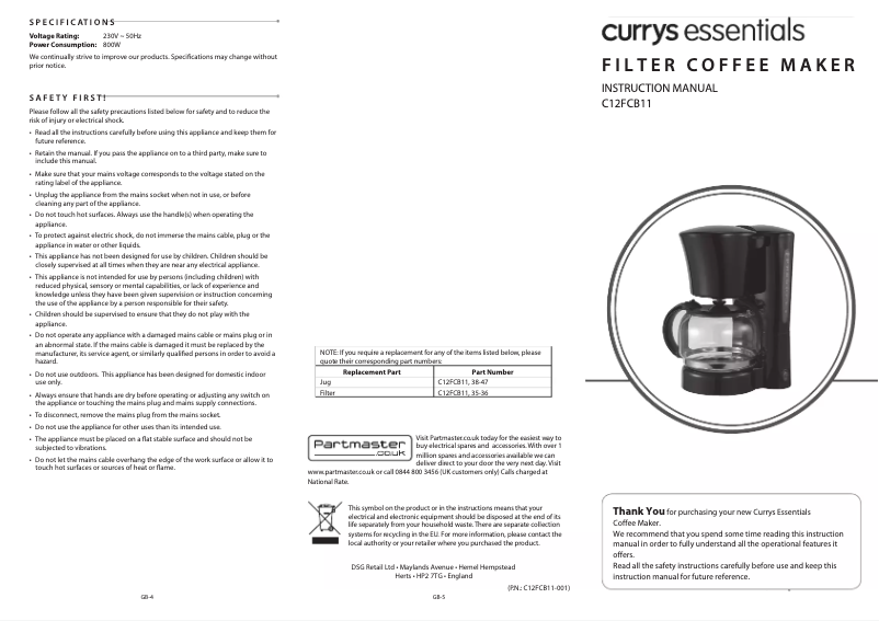 Page n°1 - Manuel utilisateur Currys Essentials C12FCB11