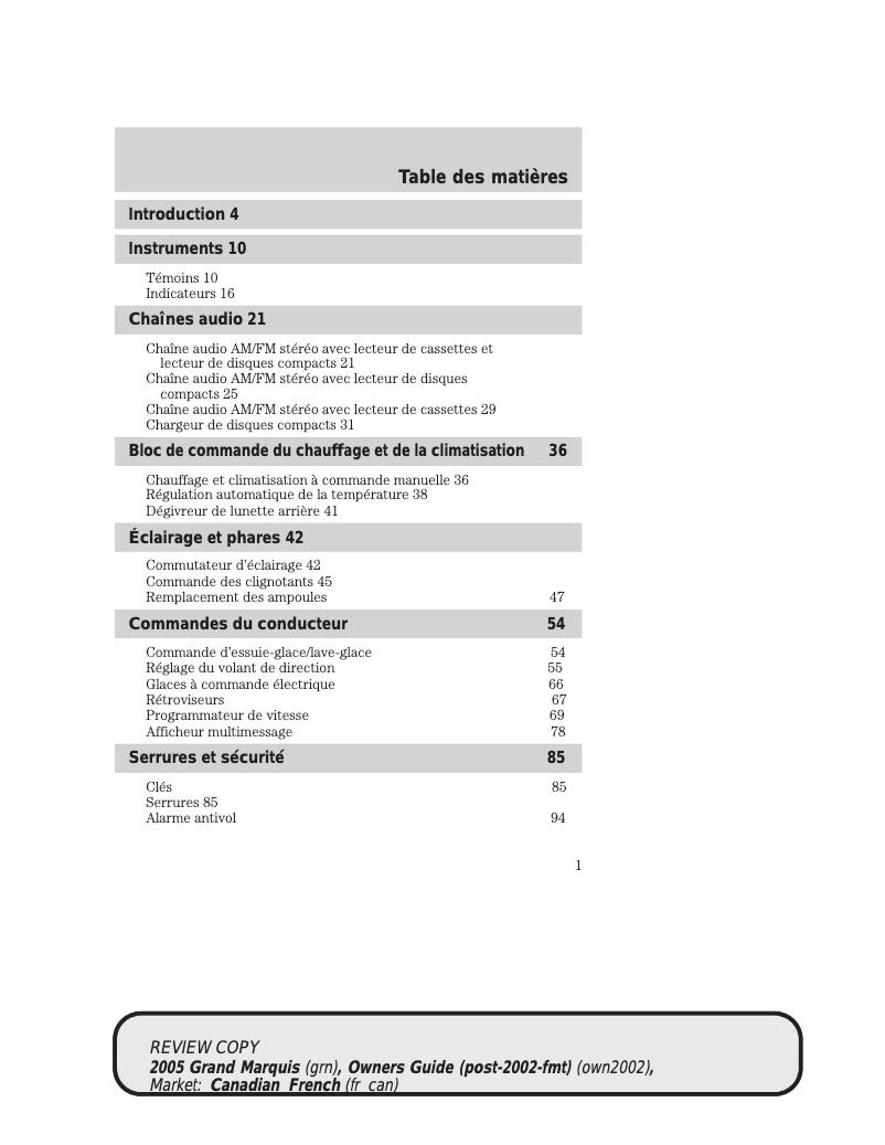 Imagen de la primera página del manual del dispositivo Grand Marquis (2005)