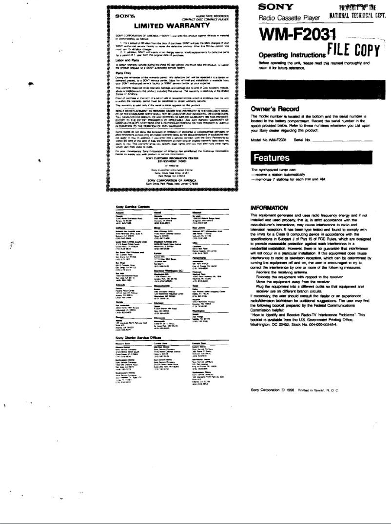Page 1 de la notice Manuel utilisateur Sony Walkman WM-F2031