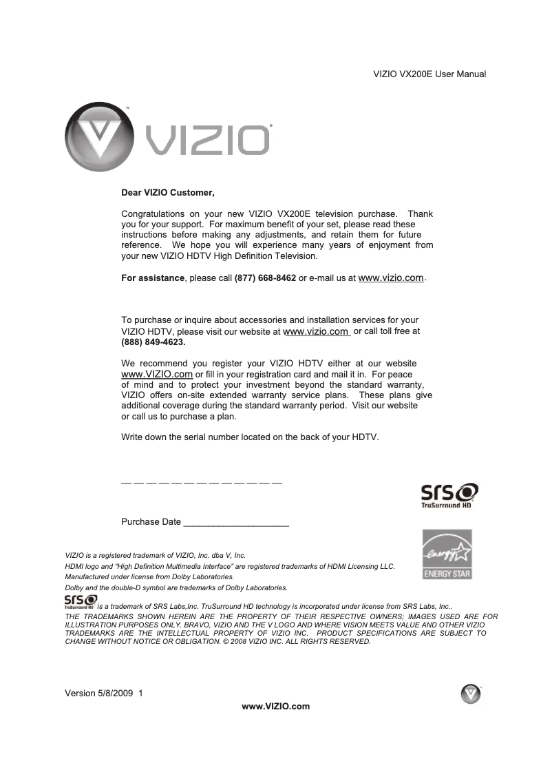 Page 1 de la notice Manuel utilisateur VIZIO VX200E