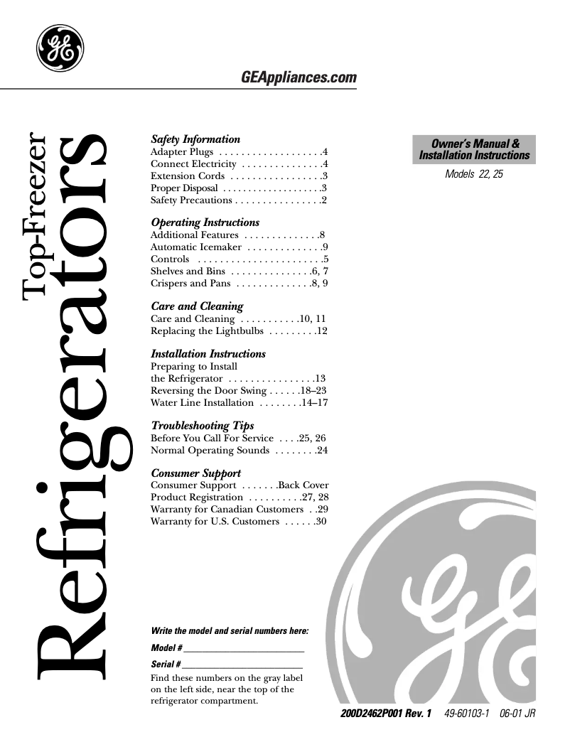 Page 1 de la notice Guide d'installation GE Profile Arctica PTS22LBMWW