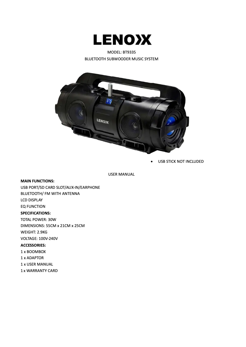 Page n°1 - Manuel utilisateur Lenoxx BT9335