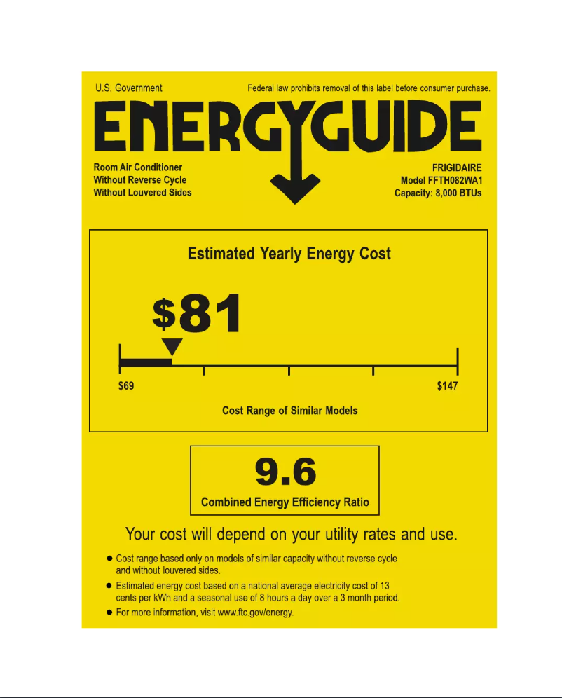 Página 1 del manual Etiqueta energética Frigidaire FFTH082WA1