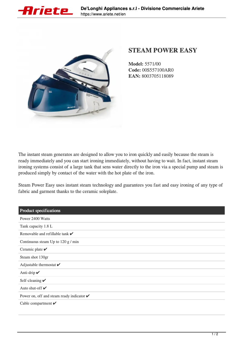 Page 1 de la notice Fiche technique Ariete Steam Power Easy 5571