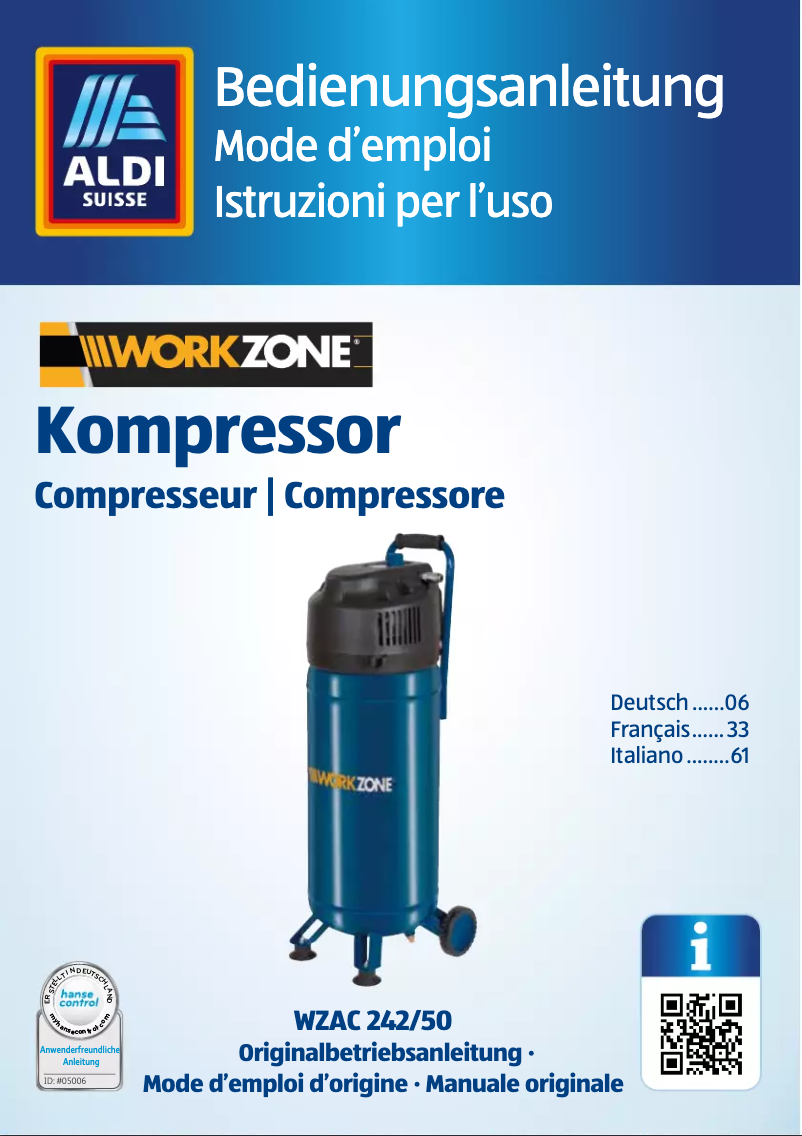 Page n°1 - Manuel utilisateur Workzone WZAC 242/50