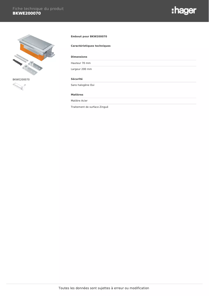 Page 1 de la notice Fiche technique Hager BKWE200070