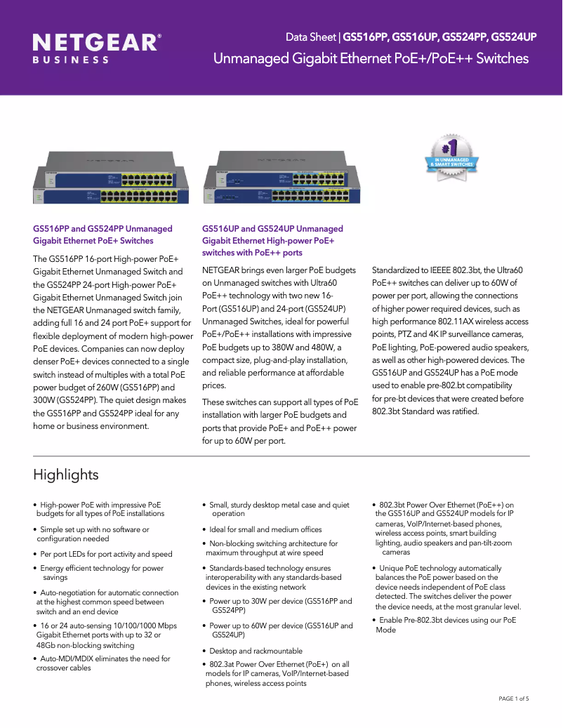 Page n°1 - Fiche technique Netgear GS516UP