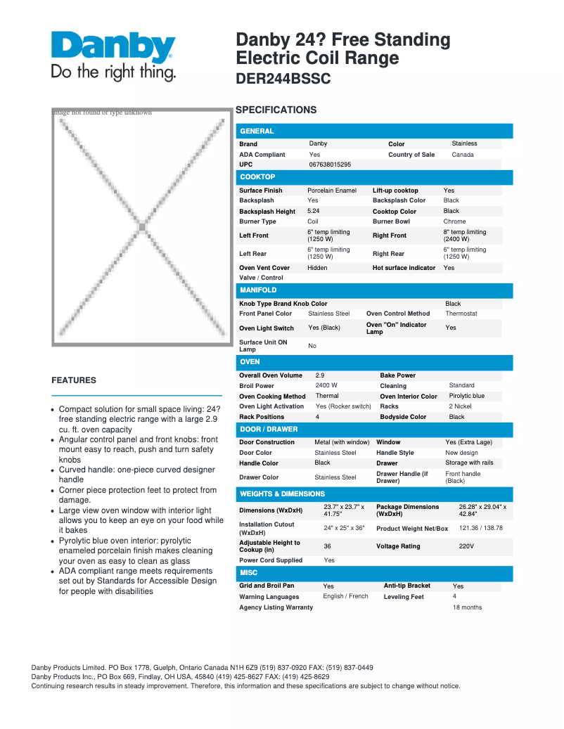 Page n°1 - Fiche technique Danby DER244BSSC