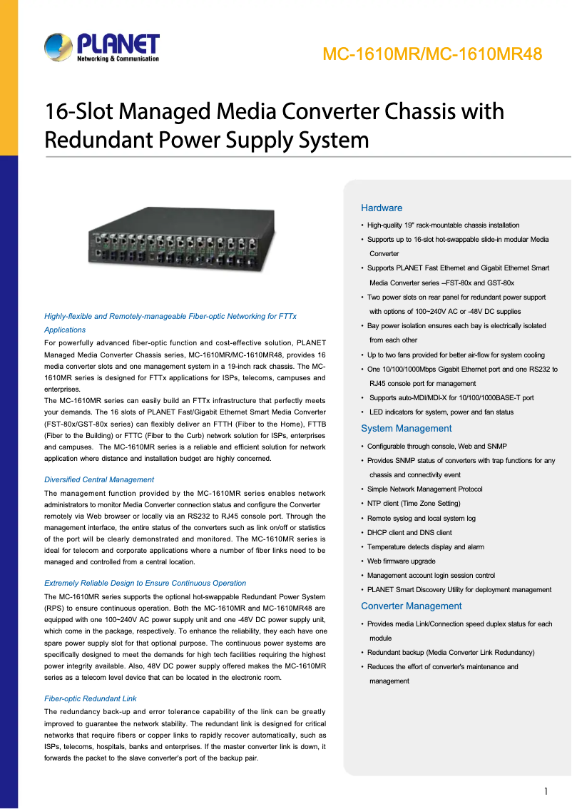 Page 1 de la notice Fiche technique Planet MC-1610MR48