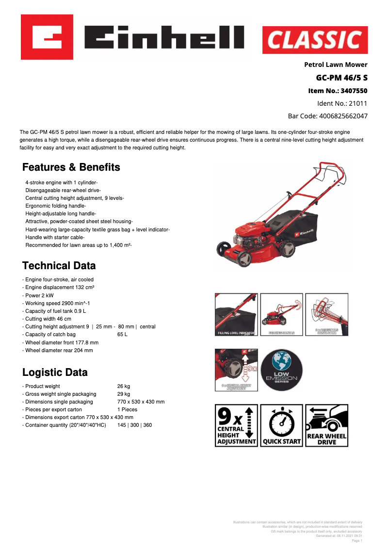 Page n°1 - Fiche technique Einhell GC-PM 46/5 S