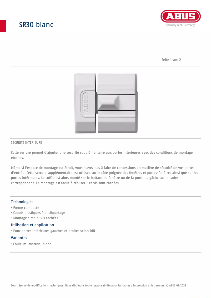 Page 1 de la notice Fiche technique Abus SR30