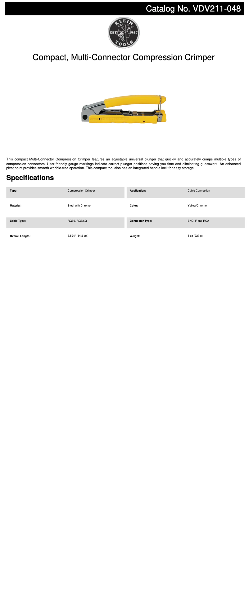 Page n°1 - Fiche technique Klein Tools VDV211-048