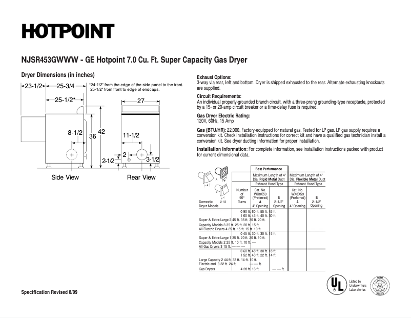 Page n°1 - Fiche technique Hotpoint NJSR453GWWW