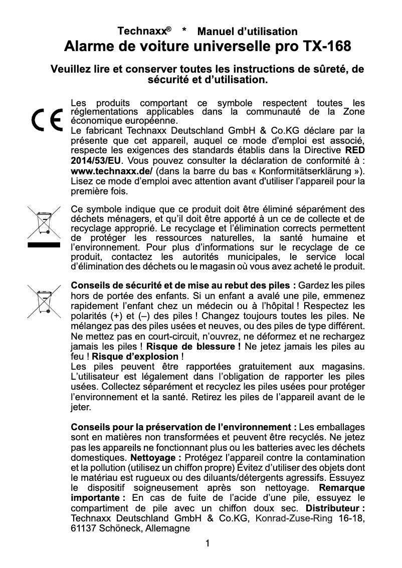 Page 1 de la notice Manuel utilisateur Technaxx TX-168