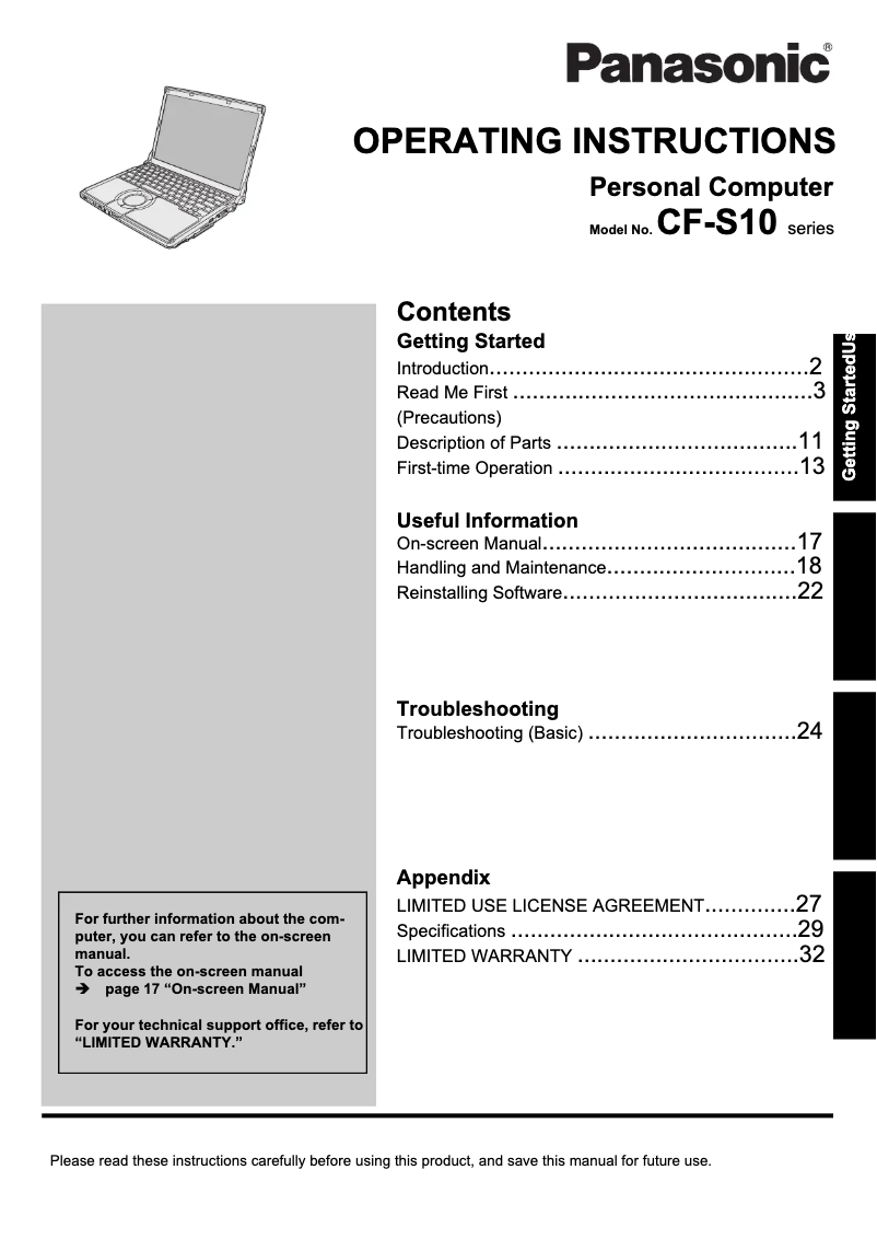 Page 1 de la notice Manuel utilisateur Panasonic Toughbook S10