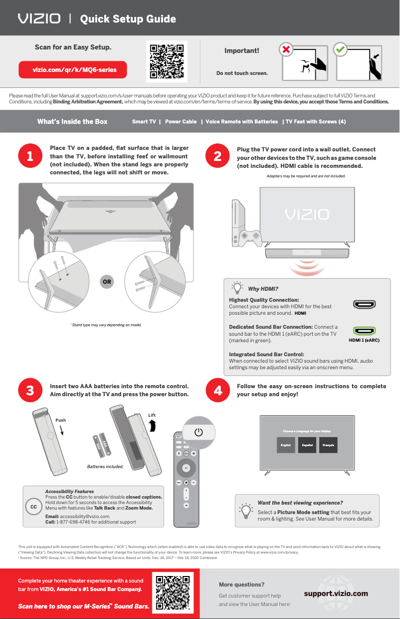 Page 1 de la notice Guide de démarrage rapide VIZIO M70Q6M-K03