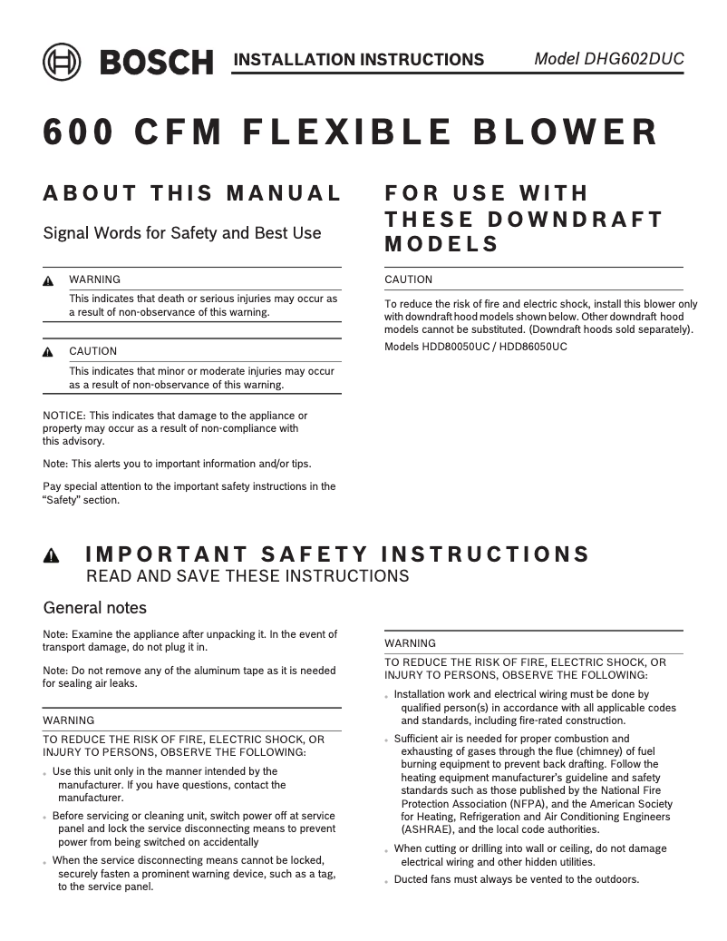 Page 1 de la notice Guide d'installation Bosch DHG602DUC