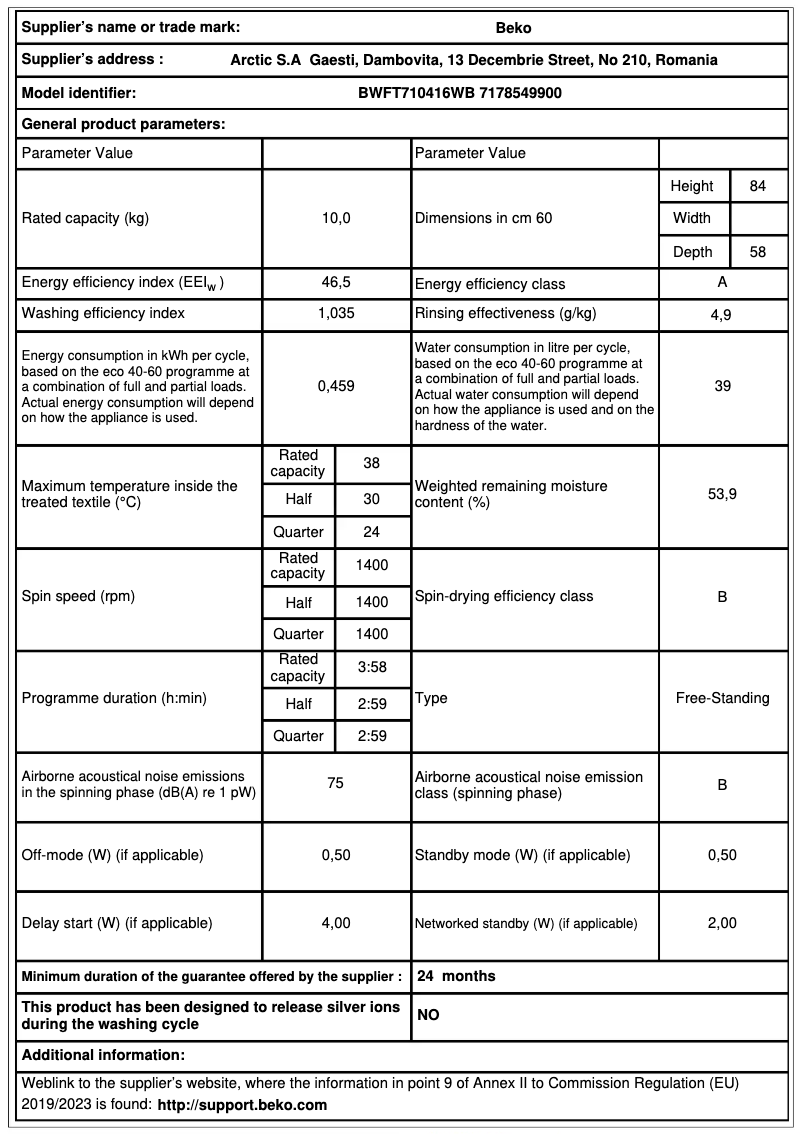 Page 1 de la notice Fiche technique Beko BWFT710416WB