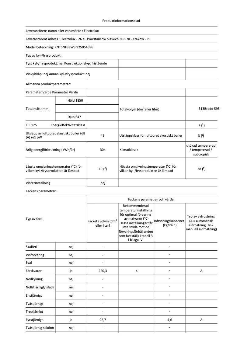 Page 1 de la notice Fiche technique Electrolux KNT5NF33W3