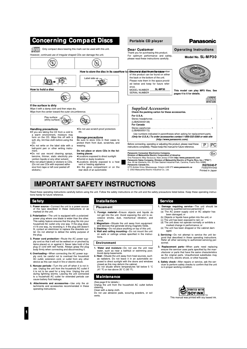 Page 1 de la notice Manuel utilisateur Panasonic SL-MP30P