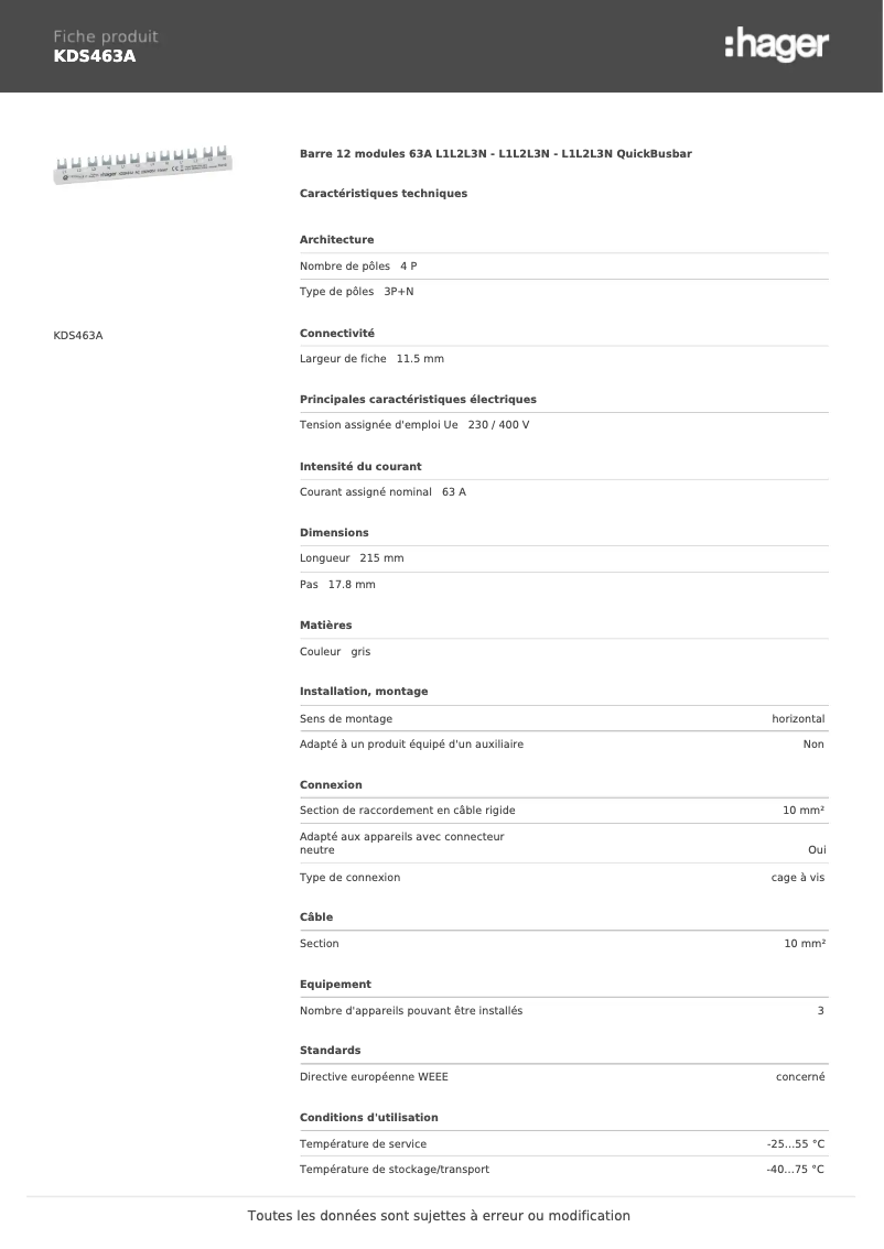 Página 1 del manual Ficha técnica Hager KDS463A