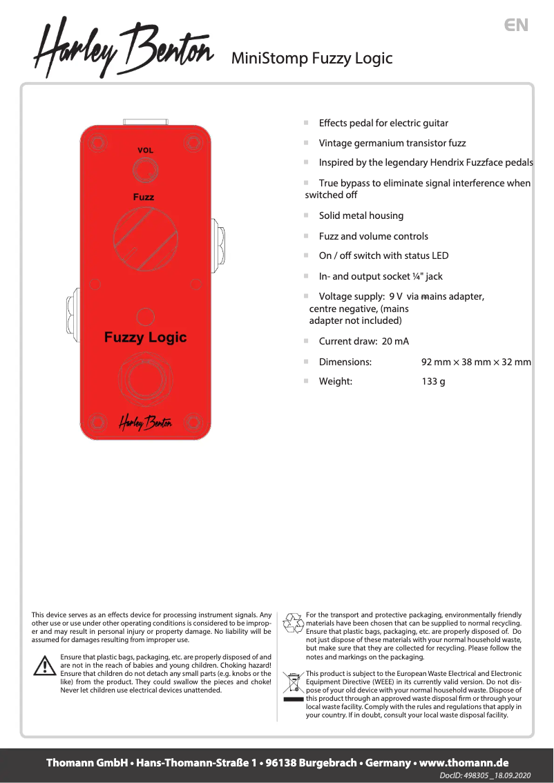 Image de la première page du manuel de l'appareil MiniStomp Fuzzy Logic
