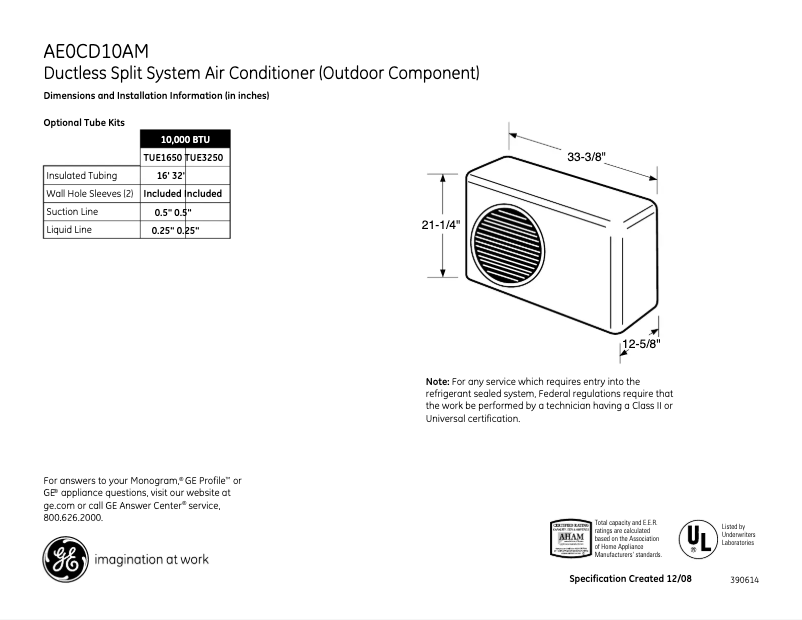 Page 1 de la notice Fiche technique GE AE0CD10AM