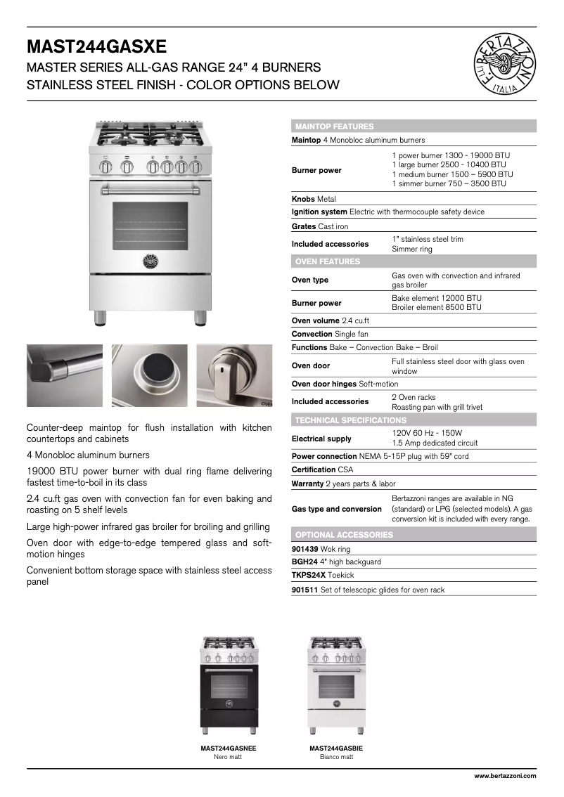 Page 1 de la notice Fiche technique Bertazzoni MAST244GASNEE