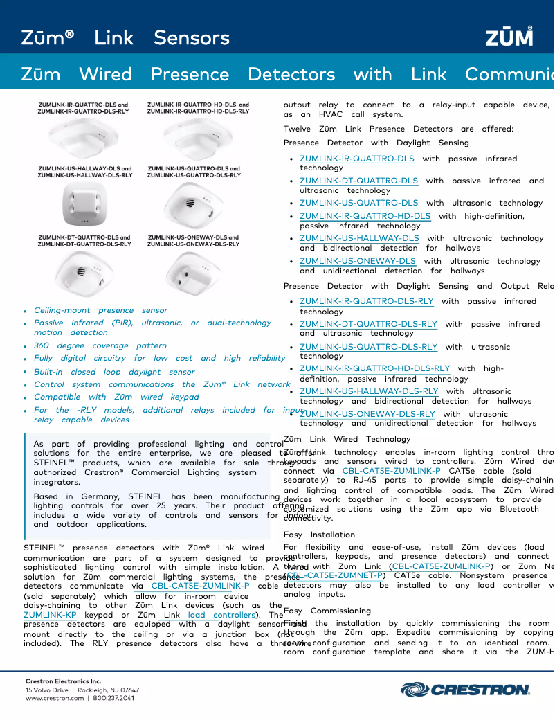 Page 1 de la notice Fiche technique Crestron ZUMLINK-IR-QUATTRO-HD-DLS