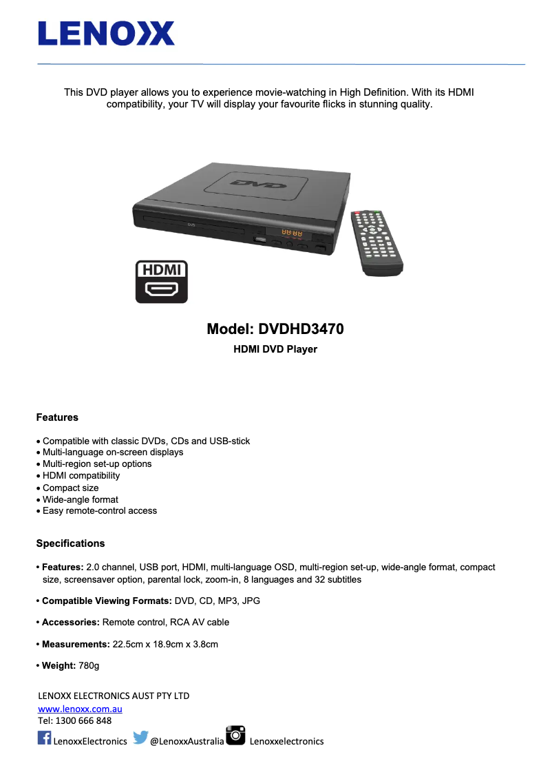 Page n°1 - Fiche technique Lenoxx DVDHD3470