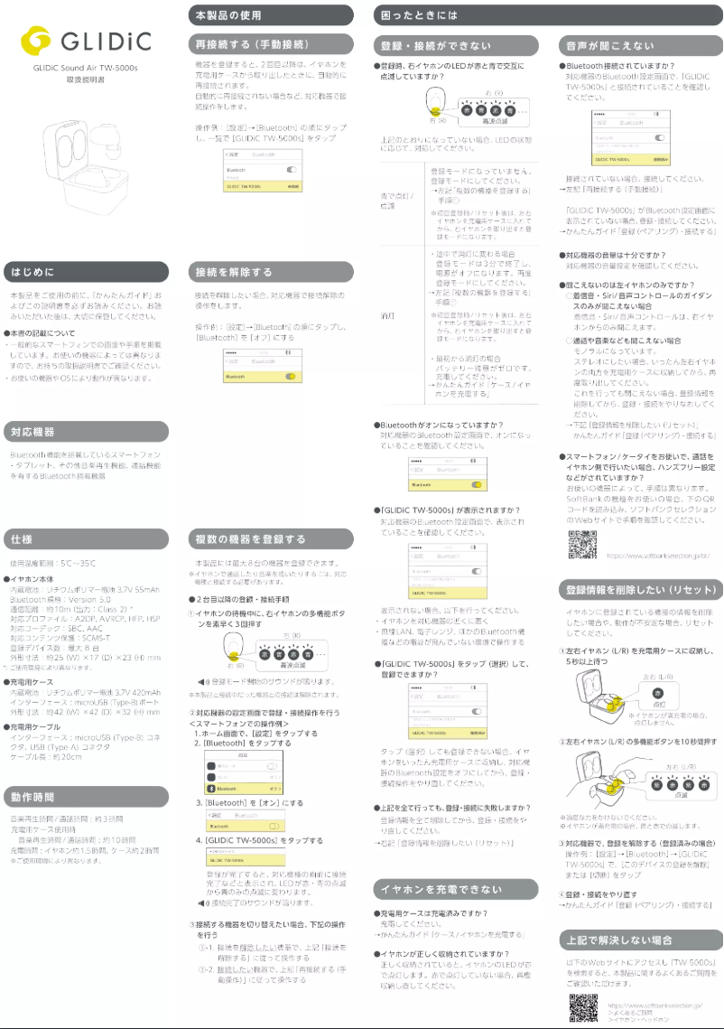 Page 1 de la notice Manuel utilisateur SoftBank Selection GLIDiC Sound Air TW-5000s