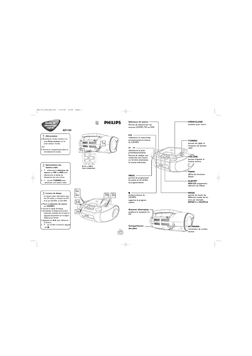 Page n°1 - Guide de démarrage rapide Philips AZ1133