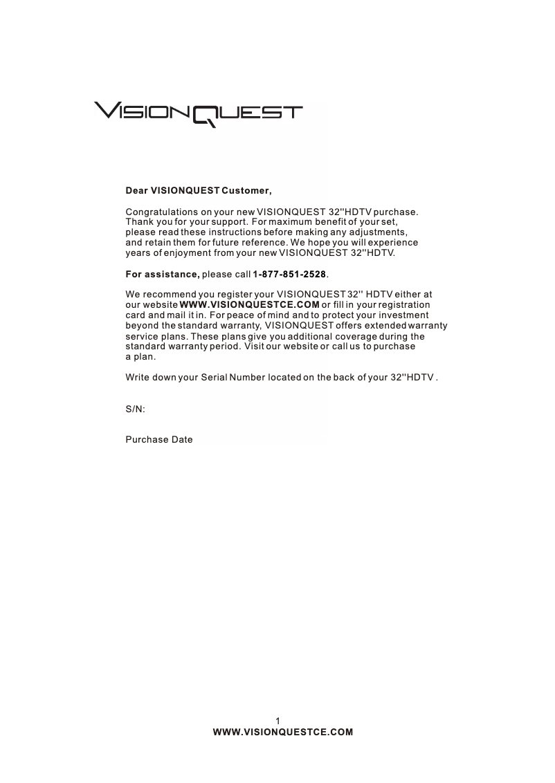 Page 1 de la notice Manuel utilisateur VisionQuest LVQ32HLB